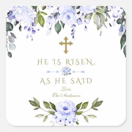 Waterverf Blauwe Bloemen Hij is een goudpaasmakeri Vierkante Sticker (Voorkant)