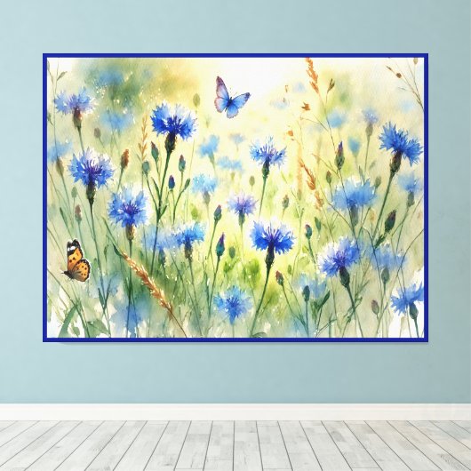 Waterverf Blauwe Bloemen Korenbloem Duitsland | Canvas Afdruk (Insitu (Houten vloer))