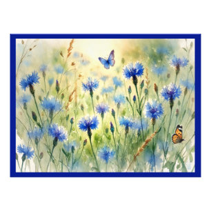 Waterverf Blauwe Bloemen Korenbloem Duitsland Foto Afdruk