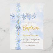 waterverf Blauwe Bloemen Kruis Doop Folie Uitnodiging (Voorkant)