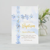 waterverf Blauwe Bloemen Kruis Doop Folie Uitnodiging (Staand Voorkant)