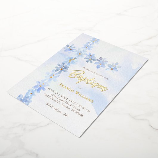 waterverf Blauwe Bloemen Kruis Doop Folie Uitnodiging (Gedraaid)