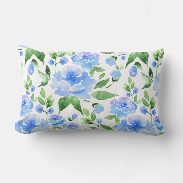 Waterverf blauwe bloemen kussen (Voorkant)