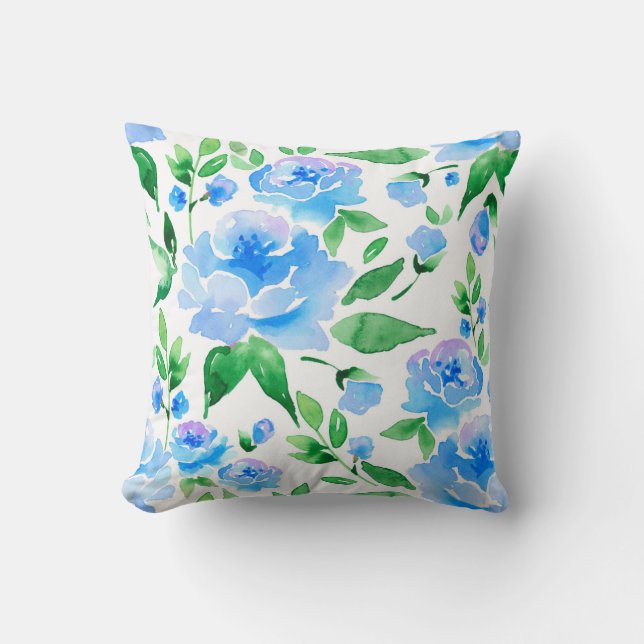 Waterverf blauwe bloemen kussen (Voorkant)