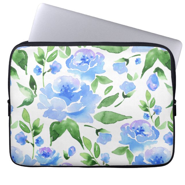 Waterverf blauwe bloemen laptop sleeve (Voorkant)