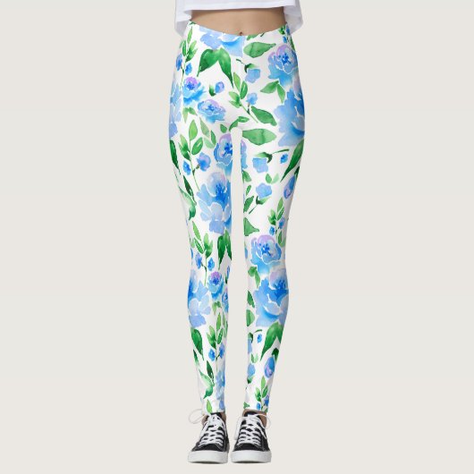 Waterverf blauwe bloemen leggings (Voorkant)