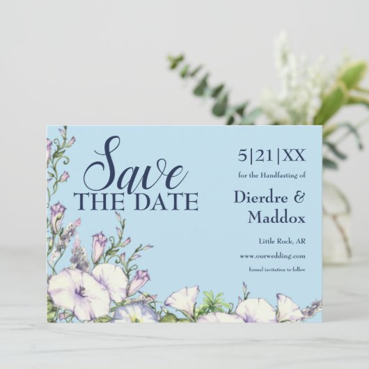 Waterverf Blauwe Bloemen Morning Glory Handfasting Save The Date (Staand voorkant)
