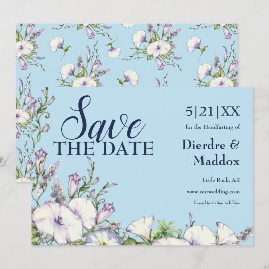 Waterverf Blauwe Bloemen Morning Glory Handfasting Save The Date (Voorkant / Achterkant)