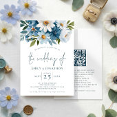 Waterverf Blauwe Bloemen QR Code Huwelijk Kaart