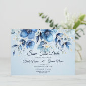 Waterverf Blauwe Bloemen sparen de Datum Save The Date (Staand voorkant)