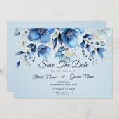 Waterverf Blauwe Bloemen sparen de Datum Save The Date (Voorkant / Achterkant)