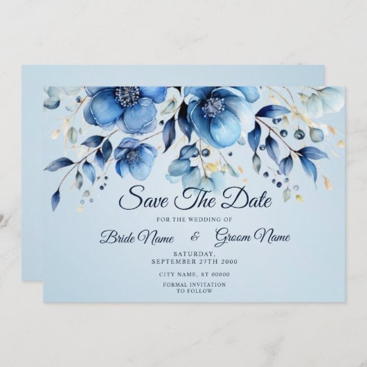 Waterverf Blauwe Bloemen sparen de Datum Save The Date (Voorkant / Achterkant)