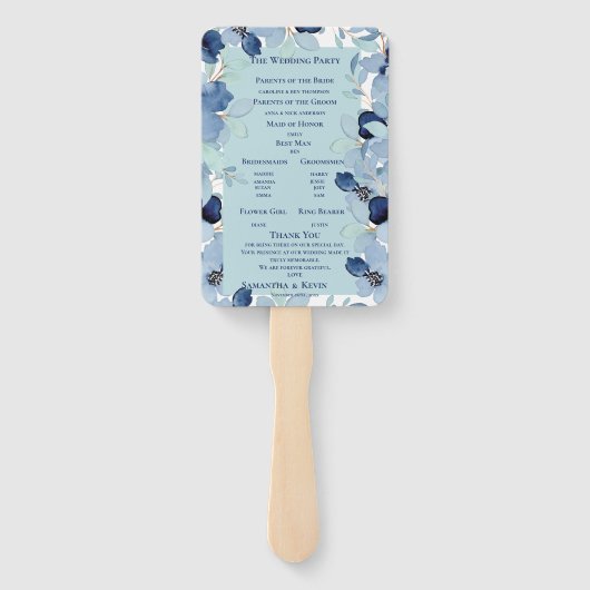  Waterverf Blauwe Bloemen Trouwprogramma Handwaaier (Achterkant)