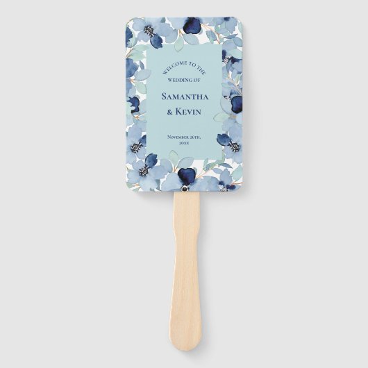 Waterverf Blauwe Bloemen Trouwprogramma Handwaaier (Voorkant)