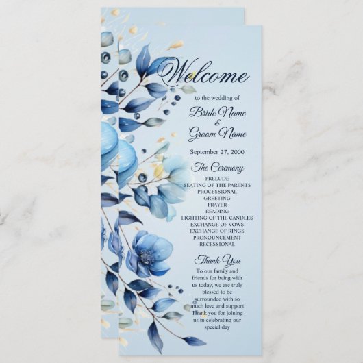 Waterverf Blauwe Bloemen Trouwprogramma Programmakaart (Voorkant / Achterkant)
