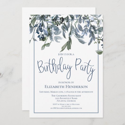 Waterverf Blauwe Bloemen Verjaardagsfeest Kaart (Voorkant / Achterkant)