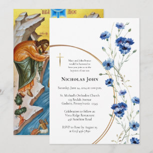 Waterverf Blauwe Bloemen Wijnstok Orthodoxe Doop Kaart