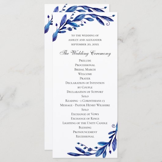 Waterverf blauwe bloemenbruiloft. Marine botanisch Programmakaart (Voorkant / Achterkant)