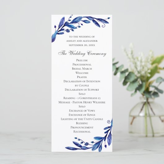Waterverf blauwe bloemenbruiloft. Marine botanisch Programmakaart (Staand voorkant)