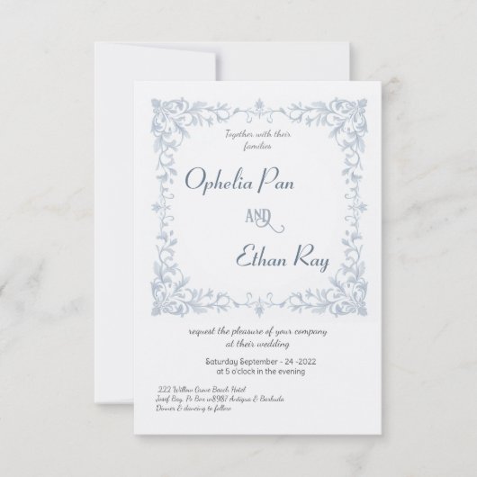 Waterverf Blauwe Bloemengrens bruiloft Uitnodiging (Voorkant)