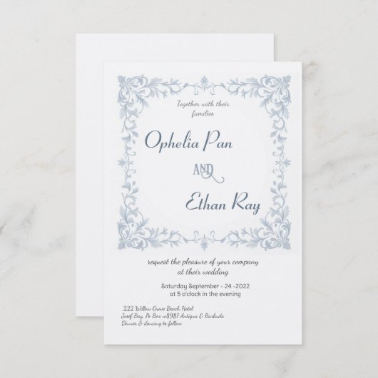 Waterverf Blauwe Bloemengrens bruiloft Uitnodiging (Voorkant / Achterkant)