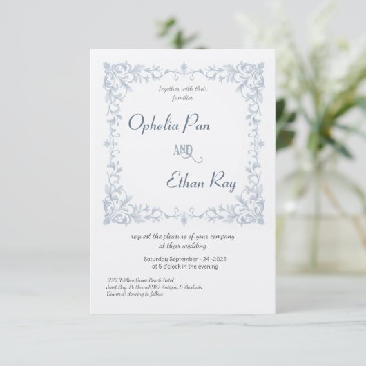 Waterverf Blauwe Bloemengrens bruiloft Uitnodiging (Staand voorkant)