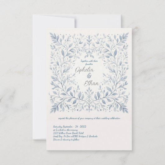 Waterverf Blauwe Bloemige Trouw Uitnodiging (Voorkant)