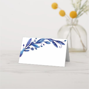 Waterverf blauwe botanische bruiloft. Bloemige geb Plaatskaartje