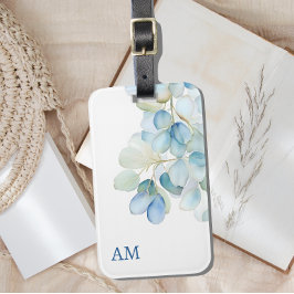 Waterverf Blauwe Botanische Hydrangea Monogram Bagagelabel