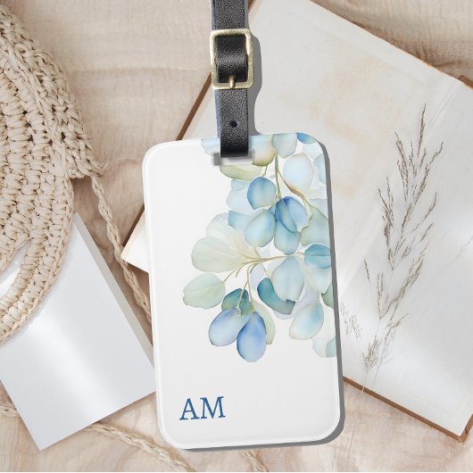 Waterverf Blauwe Botanische Hydrangea Monogram Bagagelabel