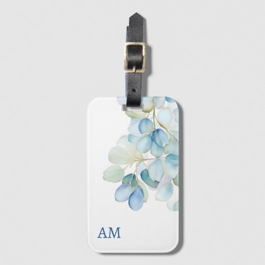 Waterverf Blauwe Botanische Hydrangea Monogram Bagagelabel (Voorkant (verticaal))