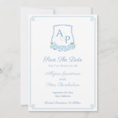 Waterverf Blauwe Botanische Monogram Huwelijks Cre Save The Date (Voorkant)