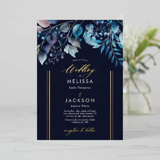 Waterverf Blauwe botanische takken Weddenschap Don Folie Uitnodiging (Staand Voorkant)