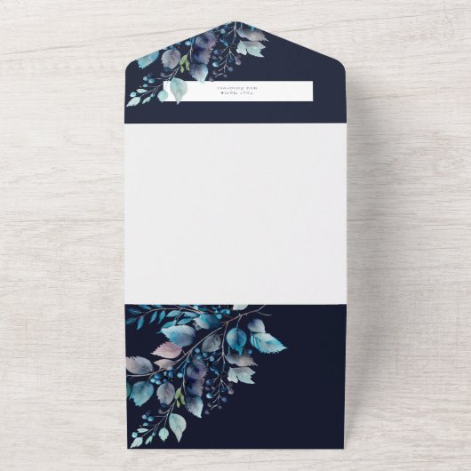 Waterverf Blauwe Branches & Berries Wedding Navy All In One Uitnodiging (Buitenkant)