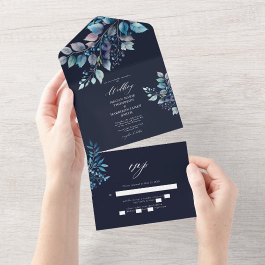 Waterverf Blauwe Branches & Berries Wedding Navy All In One Uitnodiging (Afscheurbaar)