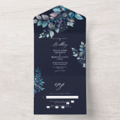 Waterverf Blauwe Branches & Berries Wedding Navy All In One Uitnodiging (Binnen)