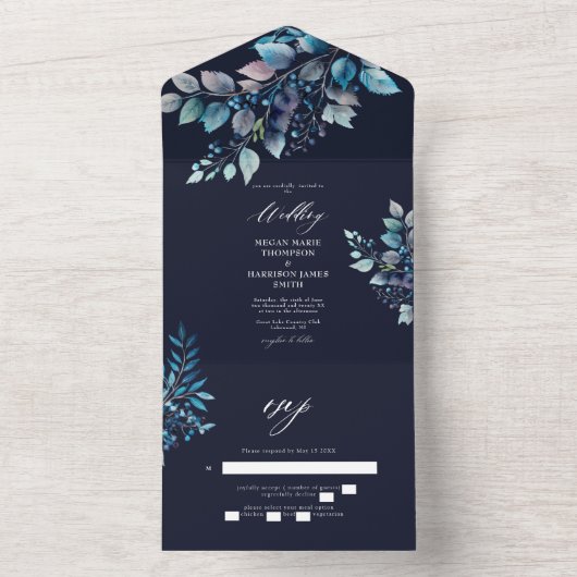 Waterverf Blauwe Branches & Berries Wedding Navy All In One Uitnodiging (Binnen)