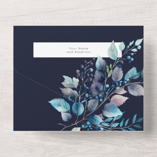 Waterverf Blauwe Branches & Berries Wedding Navy All In One Uitnodiging (Achterkant)