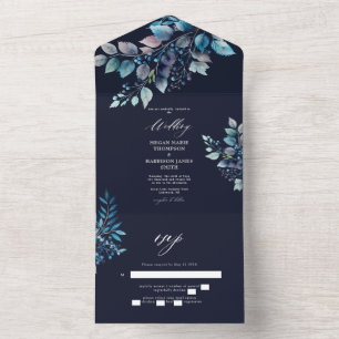 Waterverf Blauwe Branches & Berries Wedding Navy All In One Uitnodiging