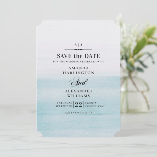 Waterverf blauwe bruiloft. Eenvoudig elegant nauti Save The Date (Staand voorkant)