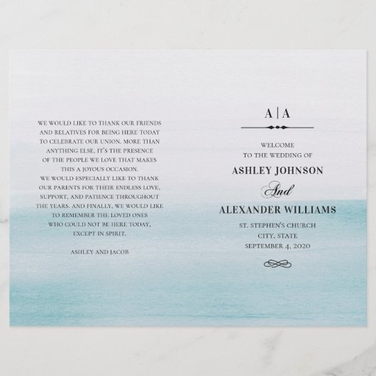 Waterverf blauwe bruiloft. Elegant programma gevou (Voorkant)