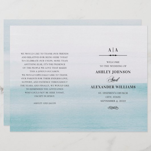 Waterverf blauwe bruiloft. Elegant programma gevou (Voorkant / Achterkant)