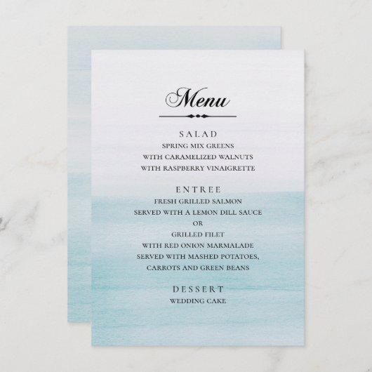 Waterverf blauwe bruiloft. Klassieke elegante naut Menu (Voorkant / Achterkant)