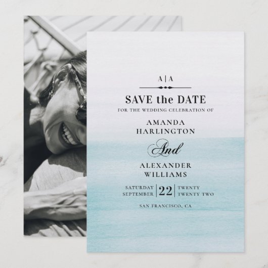 Waterverf blauwe bruiloft. Klassieke elegante naut Save The Date (Voorkant / Achterkant)