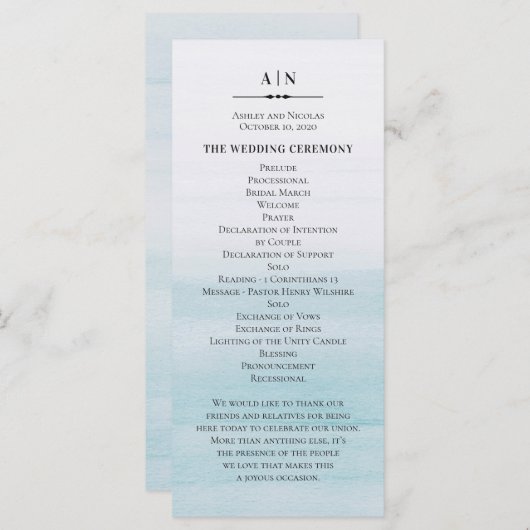 Waterverf Blauwe bruiloft. Klassieke nautische sim Programmakaart (Voorkant / Achterkant)