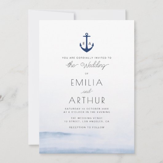 waterverf blauwe bruiloft uitnodiging (Voorkant)