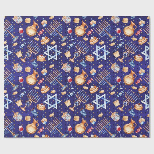 Waterverf Blauwe Chanoeka Goud Cadeaupapier (Vlak)