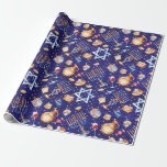 Waterverf Blauwe Chanoeka Goud Cadeaupapier<br><div class="desc">Dit ontwerp werd gecreeerd door digitale kunst. Het kan worden gepersonaliseerd door de aanpassingsknoop te klikken en de kleur te veranderen, een naam, initialen of uw favoriete woorden toe te voegen. Neem contact met me op colorflowcreations@gmail.com als je dit ontwerp op een ander product wilt gebruiken. Koop mijn oorspronkelijke abstracte...</div>