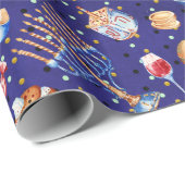 Waterverf Blauwe Chanoeka Goud Cadeaupapier (Rol Hoek)