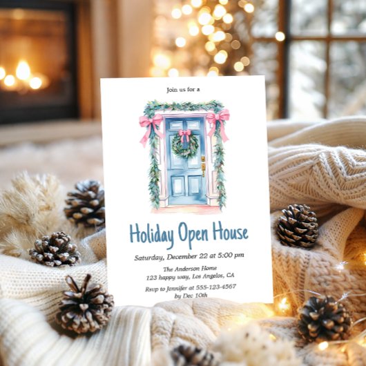 Waterverf Blauwe Deur Holiday Open House Kerstmis Kaart